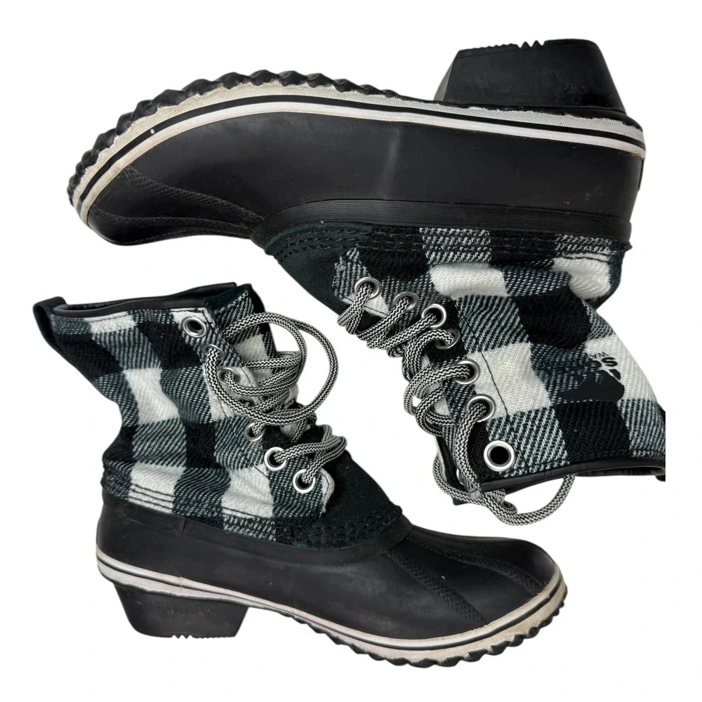 Sorel Womens Black White Buffalo Plaid‎ Waterproof Boots Duck Lace Up Size 9